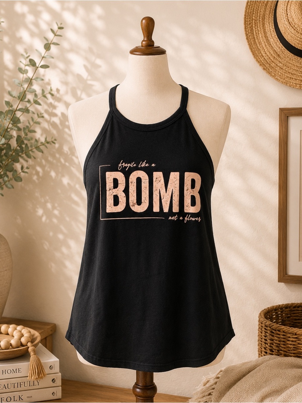 Graphic Tank Top Black “Bomb Not a Flower” Sleeveless Halter Style Casual